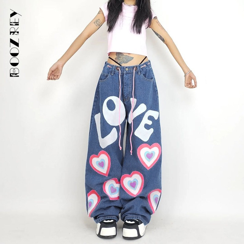 BoozRey Fall Fashion Baggy Girl Jeans Women Heart Print Aesthetic Vintage 90s Streetwear Denim Trousers Low Waist St
